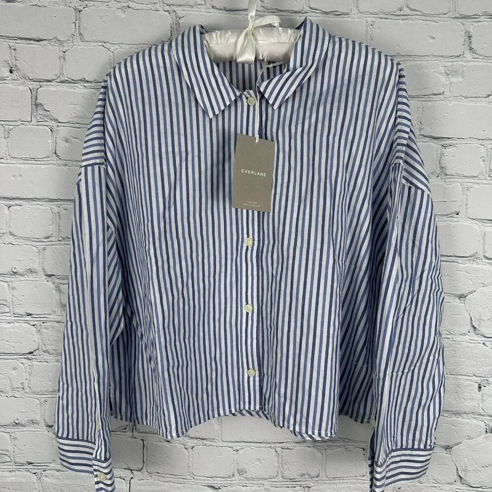 Everlane‎ Women's The Woven 100% Cotton Long Sleeve PJ Pajama Top, Blue Stripe